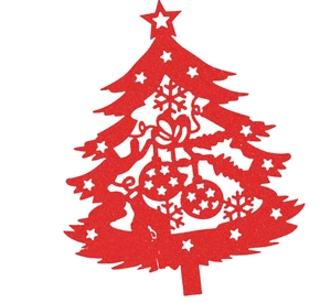 European laser-cut red Christmas tree place card with hollow elk and snowflake patterns