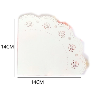 White lace paper doilies with rose cutouts for wedding decor, size 14cm x 14cm
