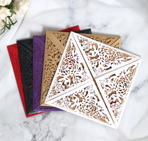 Macro shot of laser-cut rose floral patterns on elegant trifold wedding invitation pockets