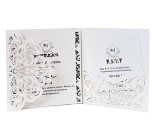 Elegant white laser-cut wedding invitation set with floral hollow pattern and RSVP cards