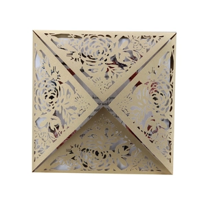 Golden laser cut square wedding invitation with rose hollow pattern and white inner card