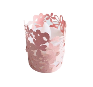Laser cut hollow flower paper lampshade in rose pink with white LED tea light candle