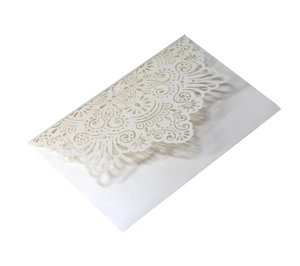Close-up of laser-cut pearl paper envelope with intricate white lace hollow pattern