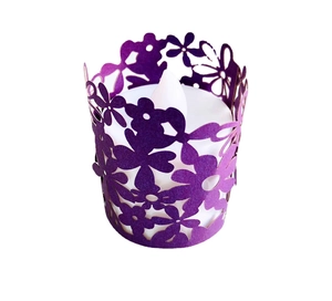Purple hollow floral paper lampshade with white LED electronic candle for holiday decoration