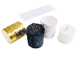 Laser cut rose paper candle wraps in gold black and white with LED tea light kit