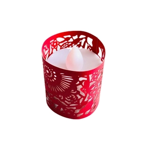 Red hollow-out paper lampshade with floral patterns and white LED tea light candle