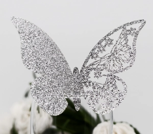 Romantic Glitter Silver Laser Cut Butterfly Place Cards Pearlescent Paper Cup Decoration for Wedding Banquet Party Table Decor
