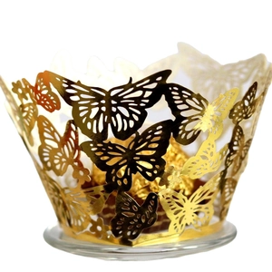 Golden butterfly laser-cut cupcake wrappers with elegant hollow lace for wedding dessert tables