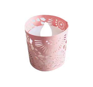 Pink hollow paper lantern with floral laser-cut patterns and white LED candle inside