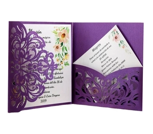 Elegant purple laser-cut invitation card with floral insert for weddings and parties