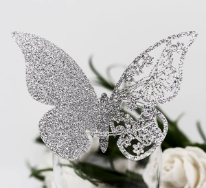 Silver glitter laser-cut butterfly decoration for wedding party and cake topper