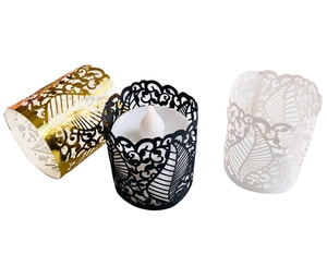 Laser cut hollow candle wraps in gold black and white for LED tea lights decoration