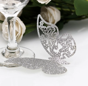 Sparkling silver glitter butterfly place card with hollow laser cut for wedding decor