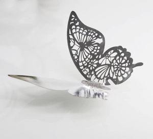 3D hollow silver butterfly wall sticker with intricate laser cut patterns and mirror finish