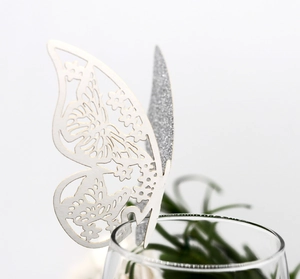 Elegant hollow butterfly name card with gold edge and silver glitter for glass decor