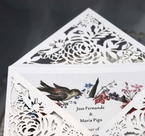 Macro view of detailed laser-cut floral pattern on white wedding invitation card