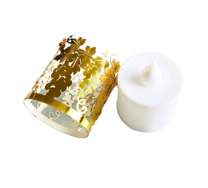 Golden laser-cut grape vine patterned sleeve for LED tea light candle and holder