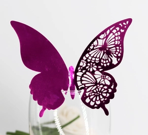 Detail showing laser-cut floral pattern and mirror finish on purple 3D butterfly card
