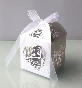 Laser cut wedding candy box with love birds heart window and white organza ribbon bow