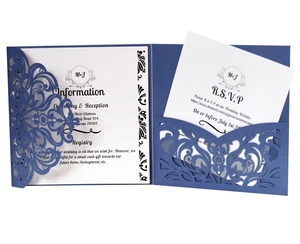 Elegant navy blue laser-cut wedding invitation set including cover and insert cards