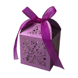 Laser-cut star pattern purple candy gift box with elegant satin ribbon bow for parties