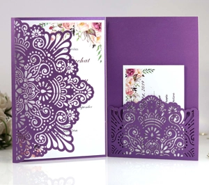 Detailed laser-cut purple mandala wedding invitation with floral insert card and RSVP