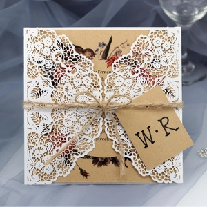 Laser Cut Lace Wedding Invitations Kraft Inner Sheet Hemp Rope White Artificial Pearl Paper Hollow Cards For Banquet Celebration