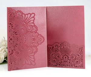 Elegant laser cut burgundy wedding invitation with glitter texture and floral pattern