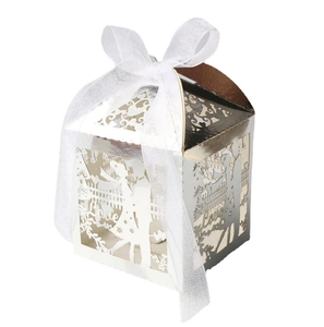 Laser cut white pearl gift box with groom and bride silhouette and ribbon