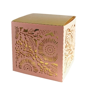 Pink and gold laser-cut square candy box with elegant floral hollow pattern for weddings