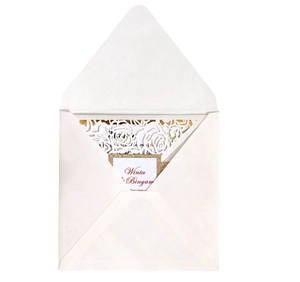 Elegant laser cut rose wedding invitation set with white envelope and gold glitter details