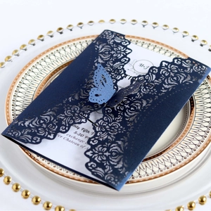 Laser cut laser navy blue wedding invitation card with 3D butterfly and floral lace detail
