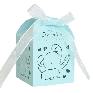 Laser-cut light blue candy box with hollow elephant patterns and white ribbon bow