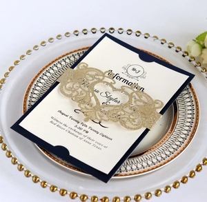European navy blue wedding invitation set with laser-cut gold glitter heart belly band