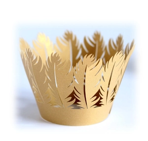 Golden laser-cut cupcake wrappers with feather pattern for wedding party decoration