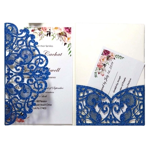 Laser cut blue glitter wedding invitation set with floral inner card and RSVP card
