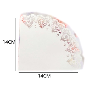 Detail of 14cm white lace paper cone with hollow heart laser cut for wedding confetti