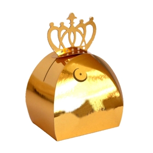 Laser-cut gold crown candy box with moon and stars for Ramadan or wedding favors
