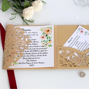 Champagne gold laser-cut floral wedding invitation set with watercolor flower inserts
