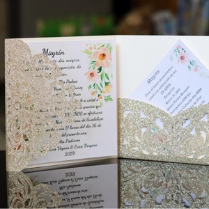 Elegant gold glitter laser cut business and wedding invitation with floral inner card