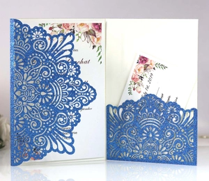 Navy blue laser cut wedding invitation with glitter floral lace and printed inner card