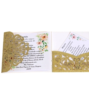 Elegant gold glitter laser-cut invitation card with floral patterns for weddings and parties