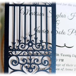 Navy blue laser cut wedding invitation card with intricate European hollow patterns
