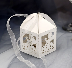 Close-up of laser-cut angel gift box in white cardstock with silver ribbon detail