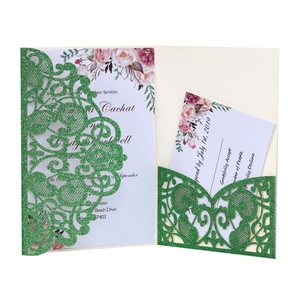 Laser cut wedding invitation set with green glitter cover and pink floral inner card