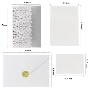 Silver laser cut invitation card set with white envelope and gold seal 4.9x7 inch