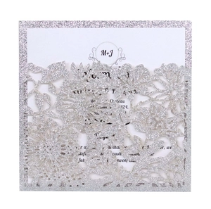 Silver glitter laser cut floral wedding invitation pocket with white inner card
