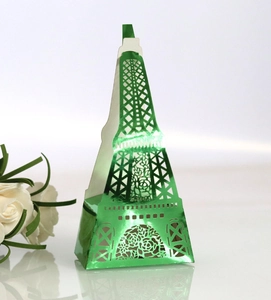 Elegant green Eiffel Tower hollow candy box with laser-cut floral patterns and metal texture