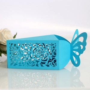 Elegant light blue laser-cut wedding favor box with rose patterns and butterfly top design