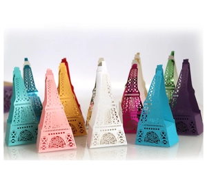 Laser cut Eiffel Tower hollow paper candy gift boxes in assorted vibrant colors